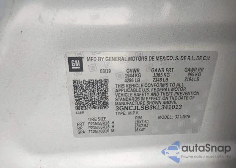 2019 Chevrolet Trax Lt from USA, damaged, VIN 3GNCJLSB3KL341013